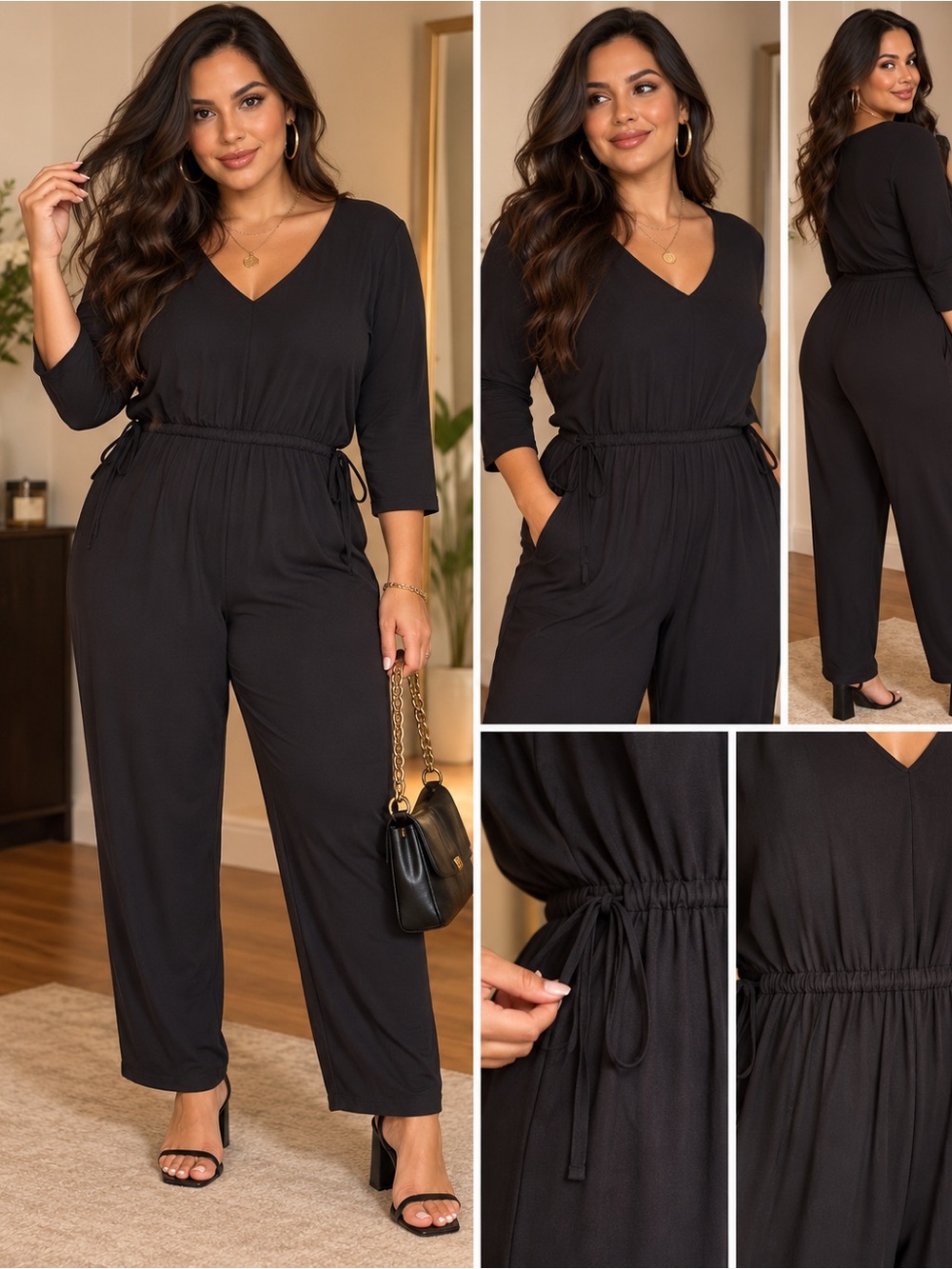 GAP Women’s Black V-Neck Jumpsuit | Drawstring Waist | 3/4 Sleeve